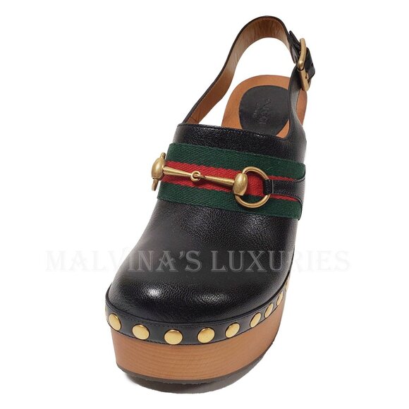 GUCCI SHOES HORSEBIT WEB BLACK LEATHER PLATFORM CLOGS w STUDS sz 39.5 9.5 - Picture 7 of 15
